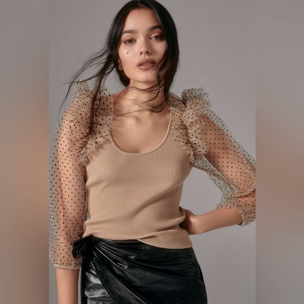 NWT ANTHROPOLOGIE - DOLAN top S Scoop Neck, Tulle puffed Long sleeves w/ruffles